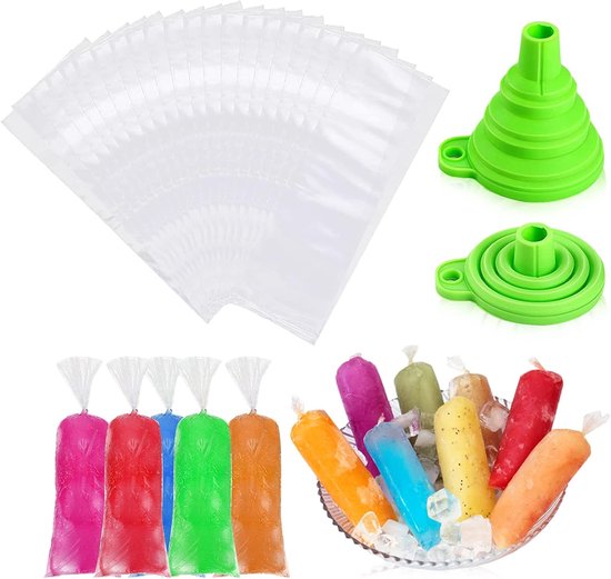 Stackable Plastic Ice Bags - Popsicle Bags met Easy Unlock - Self-Sealing Freezer - Cocktail Food Wine Cooler Bag - 240 Bags (Clear, met 1 Funnels) van Merkloos