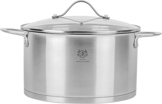 Stainless Steel Cooking Pan with Lid - 6.1 Liter - 24 cm - Low Cooking Pan for Induction, Gas and Ceramic - Stainless Steel with Three-layer Bottom