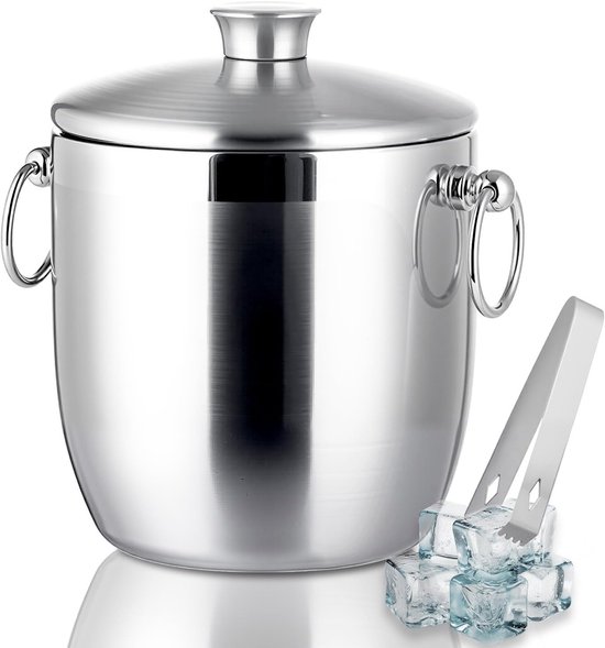 Stainless Steel IJsmand met Deksel, Zeef en Tang - Ideaal voor Koelen van Bier, Champagne en Wijn op Feesten en Cocktailbars