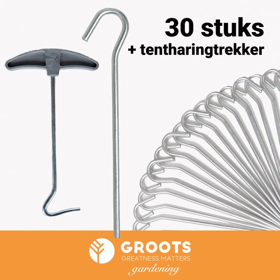 Stalen Haringen set van 30st. met Tentharing Trekker - Premium Gegalvaniseerd Staal - Grondanker - Tent Haring - Grondhaken - Tent spijker - 20cm lang - 3cm haak - 5mm premium dikte tentharing - Groots®