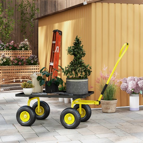 Stalen Tuinkar 150 Kg - Transportwagen Geel Zwart - Bolderkar Met Luchtbanden - 94x48,5x100 cm - Zware Ladingen Vervoeren - Tuinwerkzaamheden