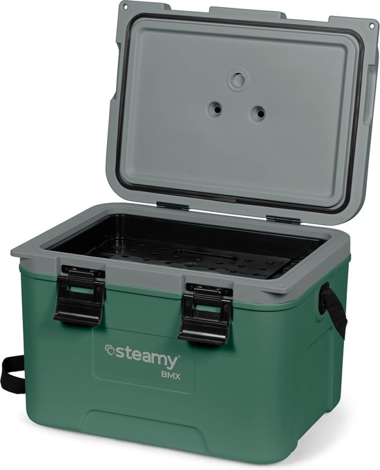 Steamy BMX 21 - Middelgrote Koelbox Speciaal voor de bouw - Inclusief verdeelwand en inlegbakje - 21 Liter - Groen van Steamy
