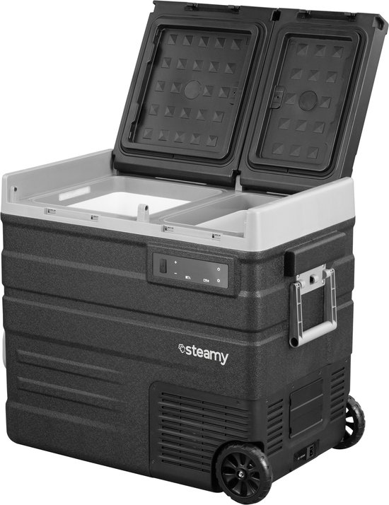 Steamy-E Dual Zone Roller Elektrische Compressor Koelbox Op Wielen - Dual Zone - 57 liter - 12V en 230V - voor auto en camping - Zwart