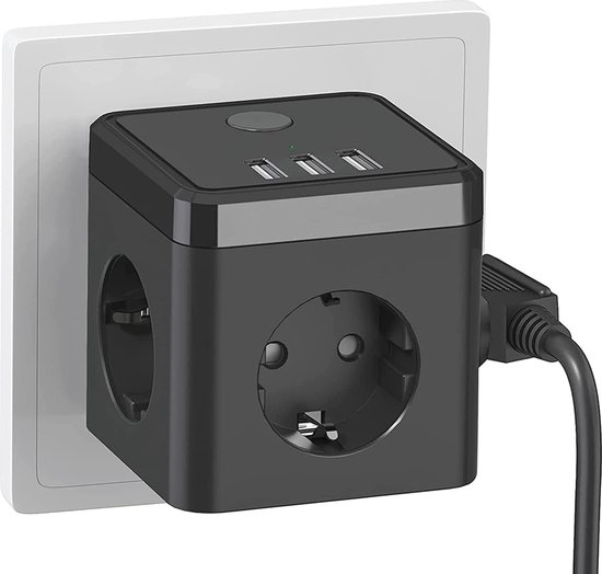 Stekkerkubus met USB - 3-voudig stopcontact met schakelaar en verlengkabel (2400W) voor thuis en reizen van Allocacoc
