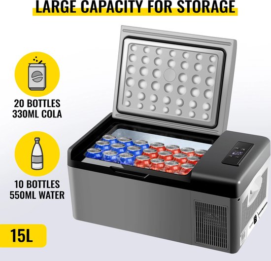 Stellar Vevor - Coolbox - Koelbox - Elektrische Coolbox - Elektrische Koelbox - Elektrische Vriezer - Mini Coolbox - Mini Vriezer - Elektrische Auto Vriezer - Draagbare Mini Koelkast - Draagbare Auto Vriezer - 15 L - 12/24 Volt - Grijs van Merkloos