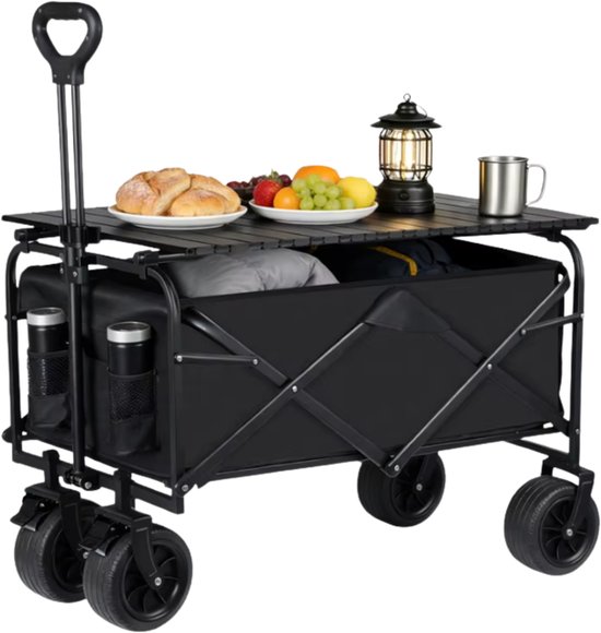 Stervia Bolderkar Met Tafel - Opvouwbaar - 150 Liter - Dikke Wielen - Strand/Picknicken/Wandelen/Kamperen - Zwart - 82.5 x 30 x 50 cm