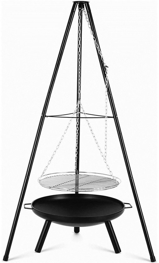 Stervia Hangende Grill - Grillset - Houtskoolstatief - Kamperen - BBQ'en - In Hoogte Verstelbaar - 8/9 Personen Grillkom - 86 x 152 cm