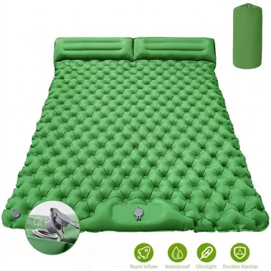 Stervia Slaapmat 2 Personen - Opblaasbare Slaapmat - Campingmat Opblaasbaar - Met Kussen - Ingebouwde Pomp - Groen - 120 × 200cm