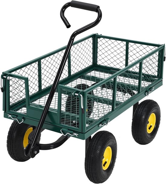 Stevige stalen Tuinwagen - 250 kg draagkracht - 3‑in‑1 bolderkar met afneembare zijkanten, 10" luchtbanden en 180° draaibare trekstang – voor tuin, erf, boerderij en strand van Toolland