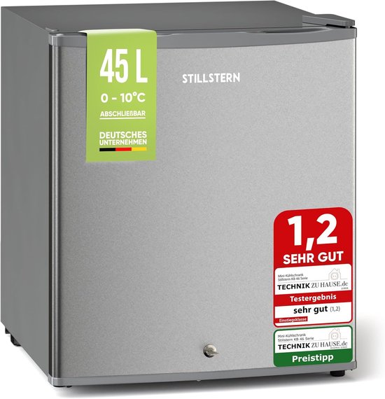 Stillstern Mini Koelkast 45L – Minibar met Vriesvak – Stille Koelkast met Slot en Automatische Ontdooiing – Tafelmodel – Zilver van Stillstern