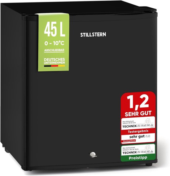 Stillstern - Mini-Koelkast - E - 45L - met Automatische Ontdooiing - Slot - Vriesvak - stil - ideaal voor keuken, kantoor, slaapkamer, hotels en kleine appartementen - Kleine koelkast - Minibar - Drankkoelkast