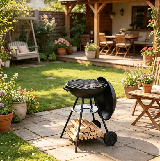 STILVORA Houtskoolgrill Rond Met Deksel 45,5 x 73 cm Metaal Kunststof Zwart Verstelbaar Ventiel En Wielen Voor Tuin En Camping