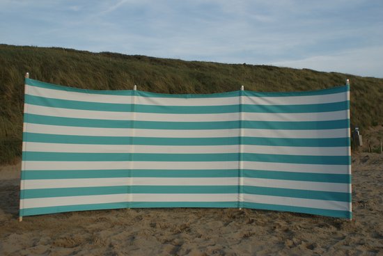 Strand Windscherm Turquoise - Wit - 4 meter Sterk Dralon met 2 Delige Houten Stokken 180 cm - Inclusief houten hamer van Lesli Living