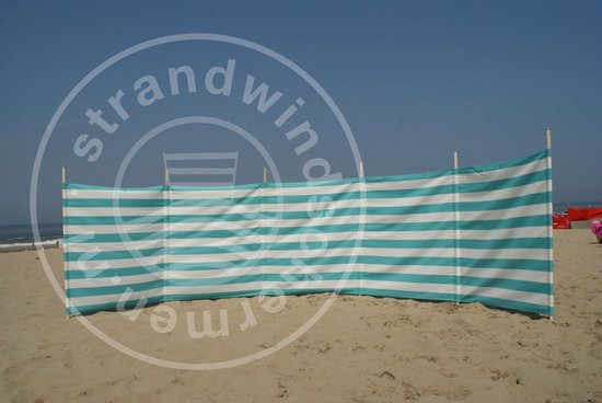 Strand Windscherm Turquoise - Wit - 6 meter Sterk Dralon met 2 Delige Houten Stokken 180 cm - Inclusief houten hamer van GARDEN IGLOO