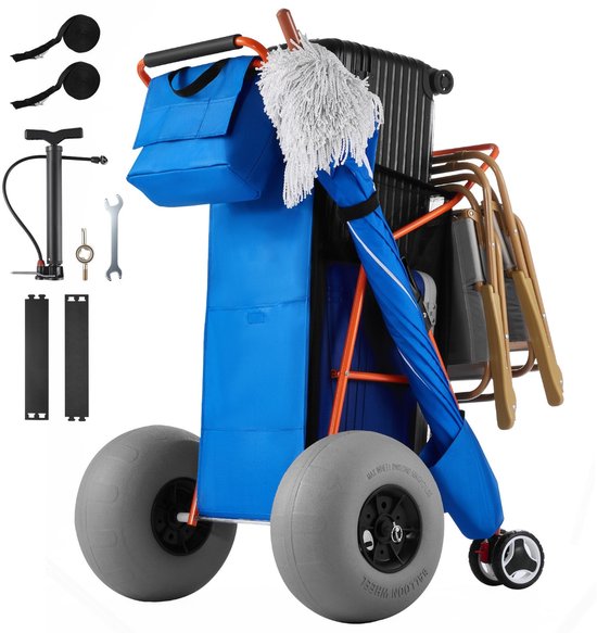 Strandkar - Opvouwbare Bolderkar - Ballonbanden 30 cm - Geïsoleerde Koeltas - Parasolhouder - Draagvermogen 75 kg - Tot 4 Strandstoelen - Geschikt voor Kamperen en Vissen