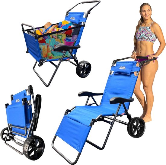 Strandkar Stoel - Strandwagen Opvouwbaar - Strandtransport en Ontspanning - 2-in-1 Functie - Grote Wielen - Blauw