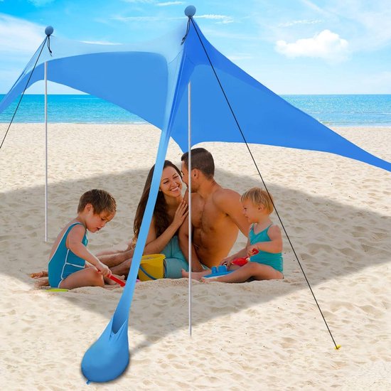 Strandluifeltent Zonnescherm met UPF 50+ UV-bescherming, strandtent zononderdak met zandzakken, palen en grondharingen en anti-windtouwen, outdoor pop-up tent voor strand, camping, achtertuin en picknicks