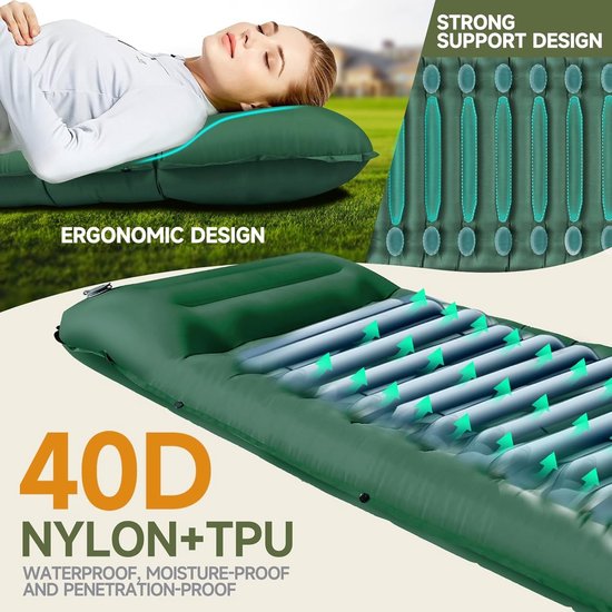 Strandmat met rugleuning - Groen - 200 x 65 x 14 cm - Isolerende Slaapmat met Geïntegreerd Kussen - Voor Outdoor en Reizen