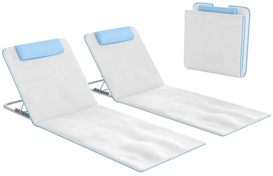 Strandmat Opvouwbaar - Set van 2 Strandmatten - Strandstoel met Hoofdsteun, Zijvak & Draagtas - Ligstoel - Tuinstoel - Verstelbare Rugleuning in 5 Standen - voor Tuin, Strand & Zwembad - Beige