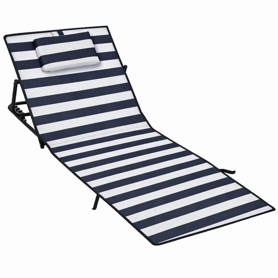 Strandmat - Opvouwbare ligmatten met verstelbare rugleuning, draagriem en opbergvak - Ideaal voor strand, camping of tuin - Blauw-wit gestreept - 158x55cm