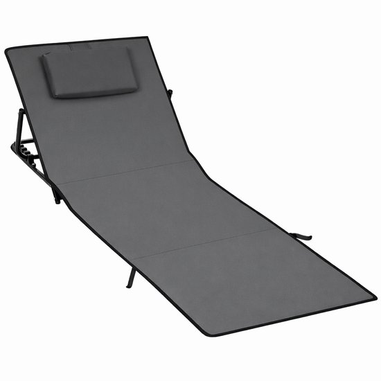Strandmat - Opvouwbare ligmatten met verstelbare rugleuning, draagriem en opbergvak - Ideaal voor strand, camping of tuin - Donkergrijs - 158x55cm