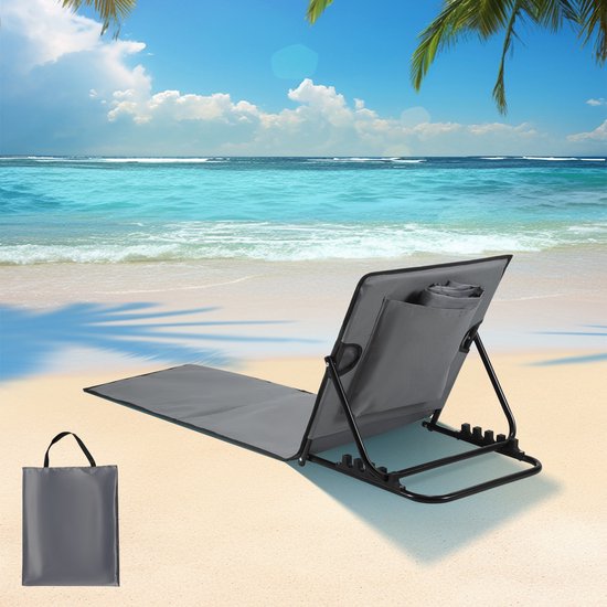 Strandmat - Opvouwbare ligmatten met verstelbare rugleuning, draagriem en opbergvak - Ideaal voor strand, camping of tuin - Lichtgewicht en onderhoudsvriendelijk - Donkergrijs - 145x47cm