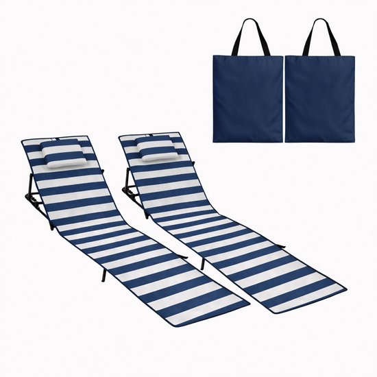Strandmat - Set van 2 opvouwbare ligmatten met verstelbare rugleuning, draagriem en opbergvak - Ideaal voor strand, camping of tuin - Blauw-wit gestreept - 158x55cm van Merkloos