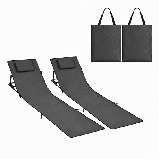 Strandmat - Set van 2 opvouwbare ligmatten met verstelbare rugleuning, draagriem en opbergvak - Ideaal voor strand, camping of tuin - Donkergrijs - 145x47cm van Merkloos