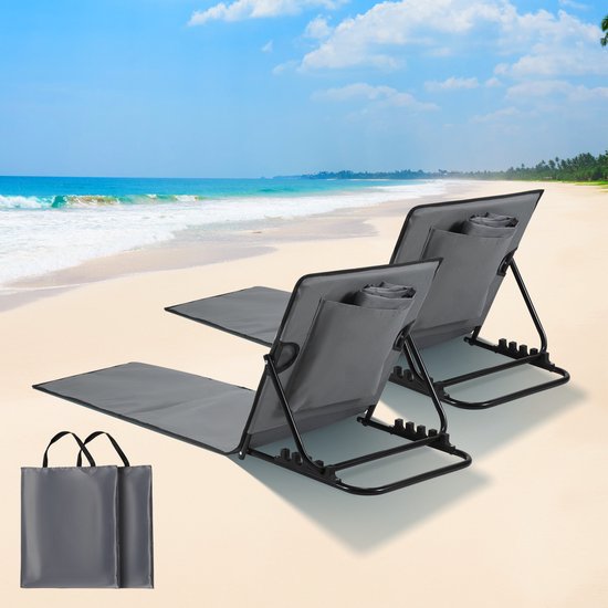 Strandmat - Set van 2 opvouwbare ligmatten met verstelbare rugleuning, draagriem en opbergvak - Ideaal voor strand, camping of tuin - Lichtgewicht en onderhoudsvriendelijk - Donkergrijs - 145x47cm