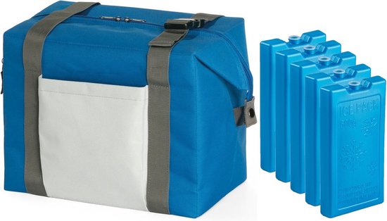 Strand/picknick isolatie koeltas blauw 15 liter/38 x 33 x 18 cm met 5x stuks koelelementen van 500 gram van SportX