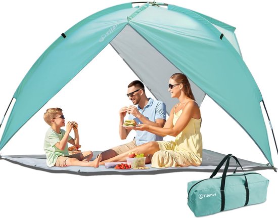 Strandschelptent met uv-bescherming, voor 2-3 personen, zonwering, strand, UPF50+, met dubbele deuren met ritssluiting, windbescherming, strandfamilietent, lichte strandtent voor tuin, upgrade van FEALING