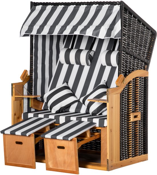 Strandstoel - 2-Persoons Klapstoel - Met Voetensteun En Tafels - Voor Tuin En Terras - Natuur/Grijs/Wit