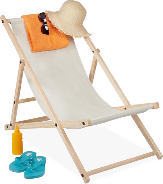strandstoel - hout - 3 standen - ligstoel met stof - inklapbaar & verstelbaar - tuin - strand & balkon - beige van Merkloos