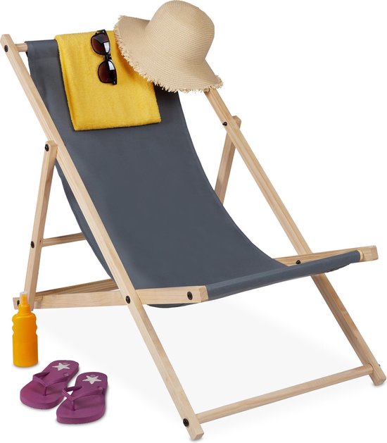 strandstoel - hout - 3 standen - ligstoel met stof - inklapbaar & verstelbaar - tuin - strand & balkon - donkergrijs van Merkloos