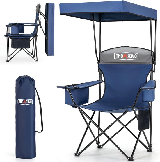 Strandstoel met parasol - Opvouwbare luifel stoel - Zonnebescherming buiten - Geïntegreerde koeltas - Tot 158 kg - Blauw