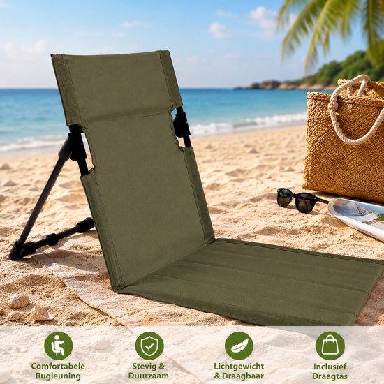 Strandstoel opvouwbaar - Strandmat met rugleuning - Campingstoel - Opvouwbaar Strandbedje met Rugleuning - campingstoel met draagtas - voor strand, camping, picknick, tuin - Army Green