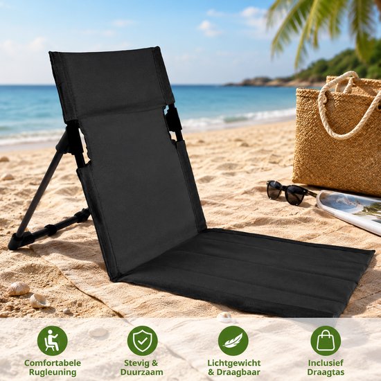 Strandstoel opvouwbaar - Strandmat met rugleuning - Campingstoel - Opvouwbaar Strandbedje met Rugleuning - campingstoel met draagtas - voor strand, camping, picknick, tuin - Zwart