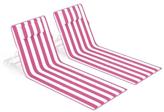 Strandstoel Set van 2 Campingstoel Ligstoel Verstelbare Rugleuning Draagbaar met Handvat 158 x 55 cm Roze en Wit Gestreept