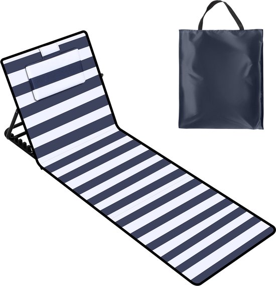 Strandstoel strandmat Strandligbed Strandmat met verstelbare rugleuning - Met hoofdkussen Blauw wit 1x 158cm