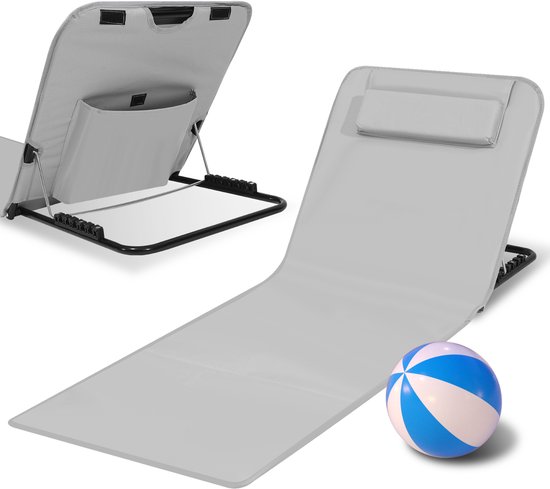 Strandstoel strandmat Strandligbed Strandmat met verstelbare rugleuning - Met hoofdkussen Lichtgrijs 1x 145cm