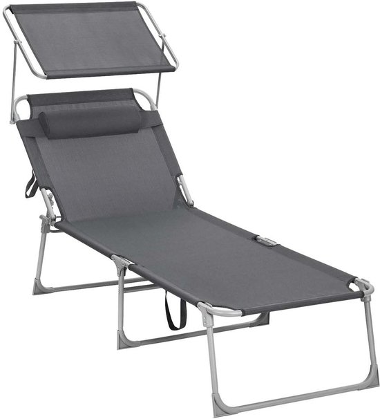 Strandstoel verstelbare ligstoel 71×200×38cm grijs opvouwbaar en draagbaar ontwerp met zonnescherm en hoofdsteun 4-traps verstelbare rugleuning stevig en duurzaam ijzeren frame draagvermogen 150kg geschikt voor tuin balkon en strand