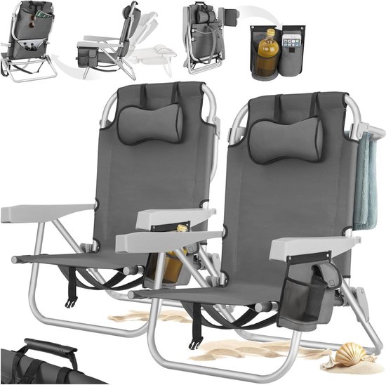 Strandstoelen Coral - Campingstoelen Opvouwbaar - Buiten Ontspannen - Met Koeltas - Set van 2 - Grijs