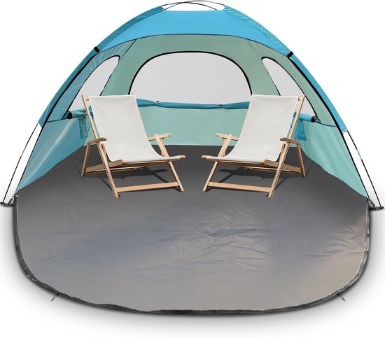 Strandtent 2-3 Persoons UPF 50+ UV Bescherming – Zonnetent met 3 Ramen voor Strand Tuin en Camping – In 3 Minuten Op Te Zetten – 1,8 kg