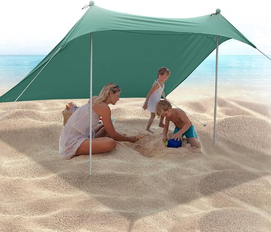 Strandtent 2,1 x 2,1 m – UPF50+ UV-Bescherming – Waterdicht – Aluminium Frame – Met Zandschep & Haringen – Voor Strand – Tuin & Camping – Groen