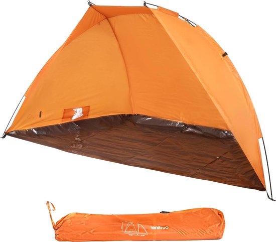 Strandtent 240 x 120 x 120 cm - windscherm voor het strand - stabiele zonwering van waterafstotend materiaal - strandtent met tas - 3 personen - oranje van Bo-Camp