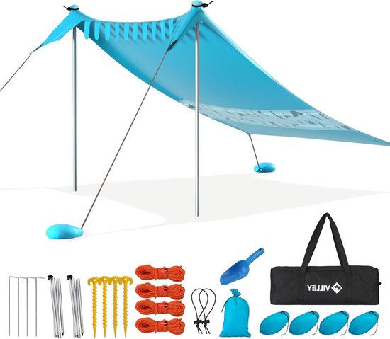 Strandtent Draagbare Zonnescherm Zonnedak Zonnenschuilplaats UPF50+ 24 m x 2 m met 2 Aluminium Palen en Opbergtas Voor Strand Camping Blauw - Geschikt voor 1-3 Personen van Merkloos