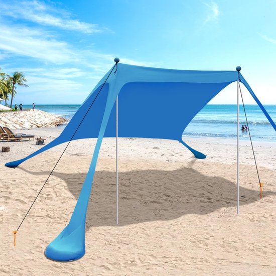 Strandtent met UPF 50+ UV-bescherming, strandtent met zandzakken, palen, grondpennen en anti-windtouwen voor buiten, kamperen, achtertuin en picknicks (300*300*200CM) - blauw van Merkloos