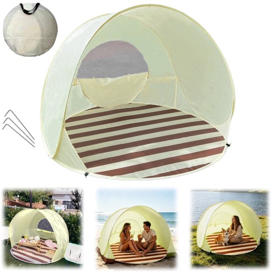 Strandtent - Picknickzonnescherm - Opvouwbare tent - Koepeltent Zonnescherm - Halfopen winddichte tent - Inclusief montageaccessoires - Biedt plaats aan 3 personen - Voor kamperen, picknicken, parken, reizen, strand (beige - 130*110 cm)