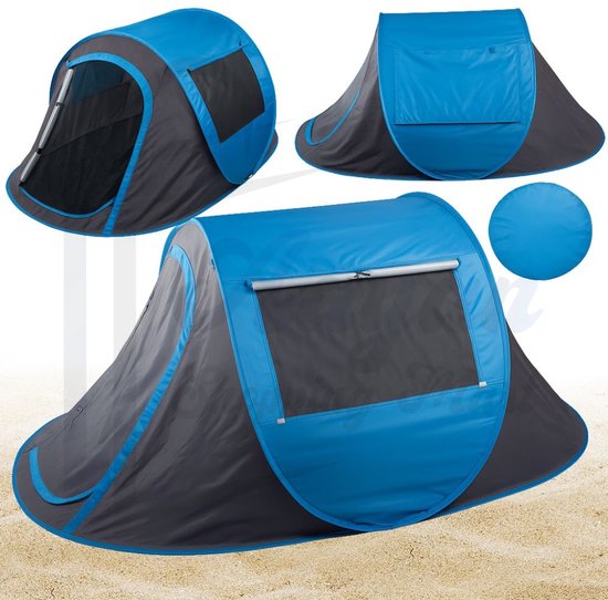 Strandtent Pop Up Groot – Zelfopvouwende Beach Tent 210 cm – UV Werende Zonnetent met Venster, Ritssluiting en Draagtas – beach tent opvouwbaar – portable beach shelter – strandtent met rits – grijs-blauw – 59013 van Merkloos