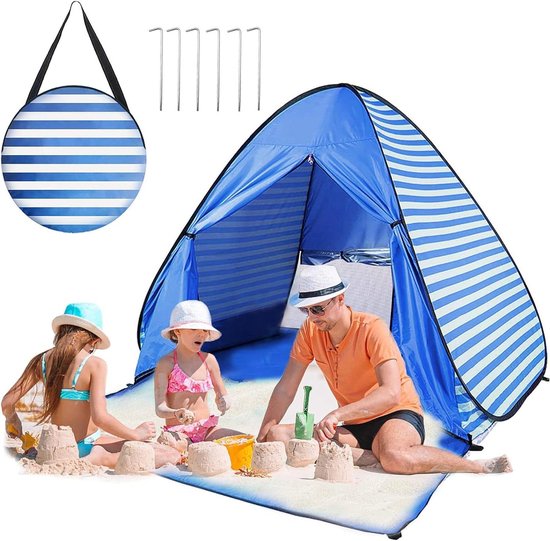 Strandtent Pop-up - Zonnescherm Tent - Strand Zomer - Automatische Opzet - 2-3 Personen - Blauwe Strepen